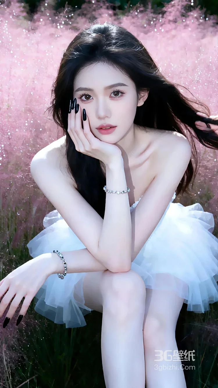 黑长直少女·粉黛草唯美风 仙气短裙高颜摄影图1