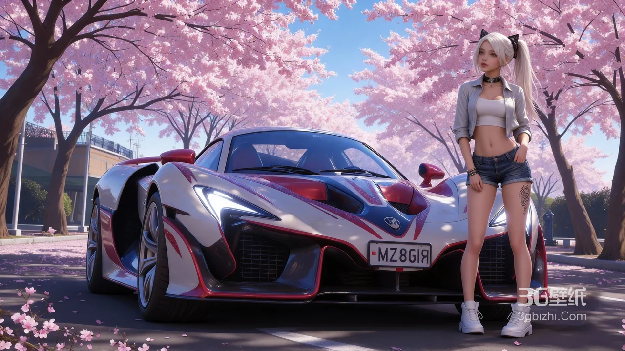 二次元猫耳纹身少女&超跑 樱花季唯美电脑壁纸1