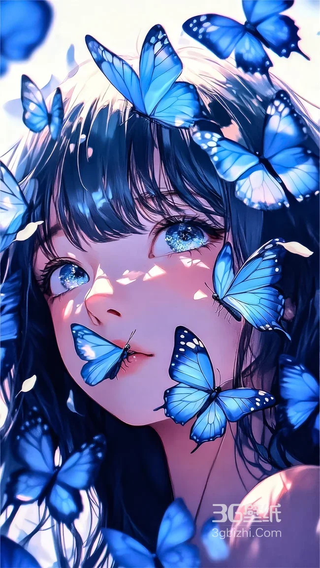 二次元少女蓝蝴蝶簇拥 星空眼 唯美梦幻超仙壁纸1