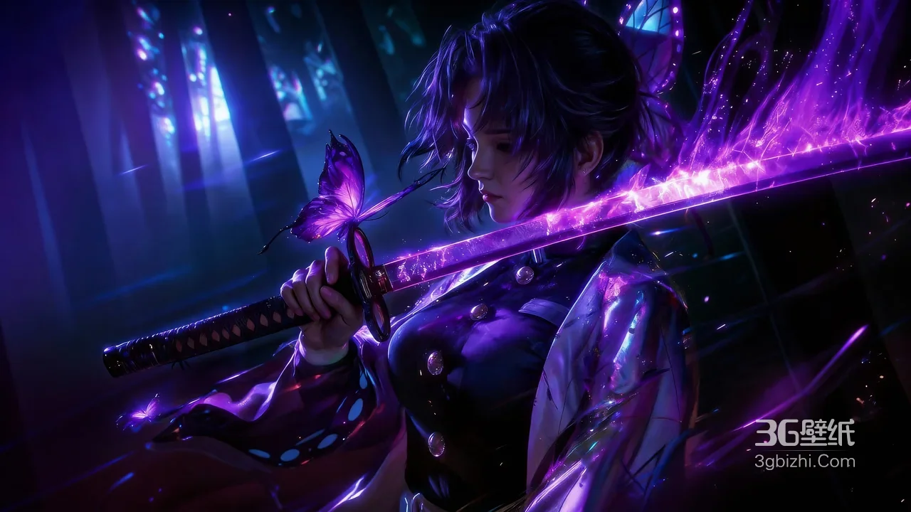 蝴蝶忍·紫焰太刀 鬼灭之刃暗黑唯美电脑壁纸1