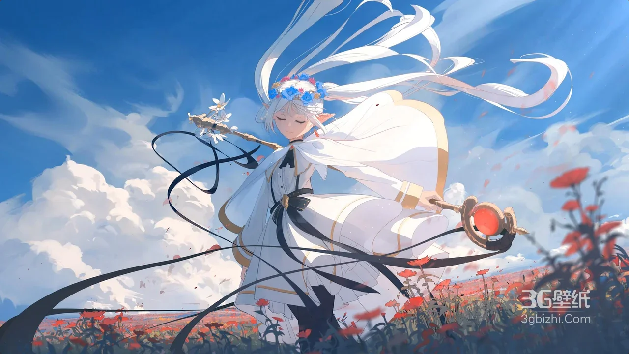 精灵少女·花海法杖 唯美二次元蓝天花海宽屏电脑壁纸1