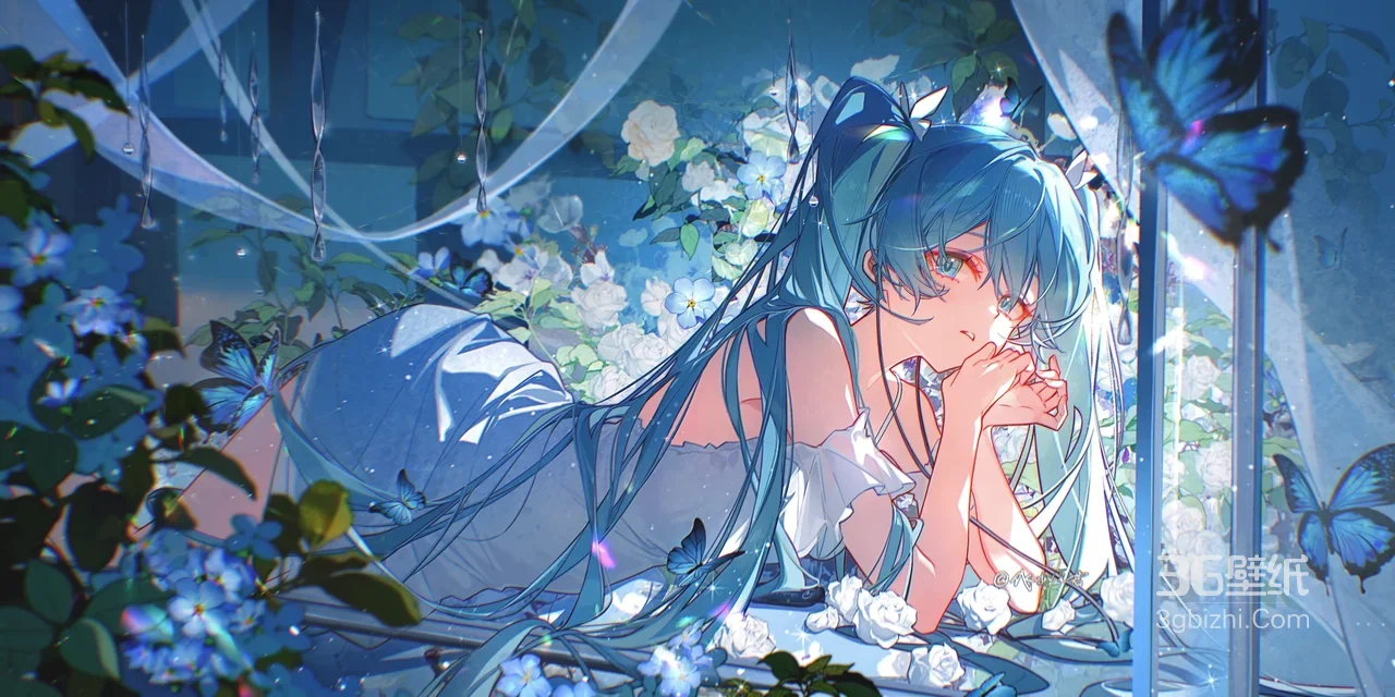 初音未来·蓝花蝶境 二次元唯美宽屏车机壁纸1