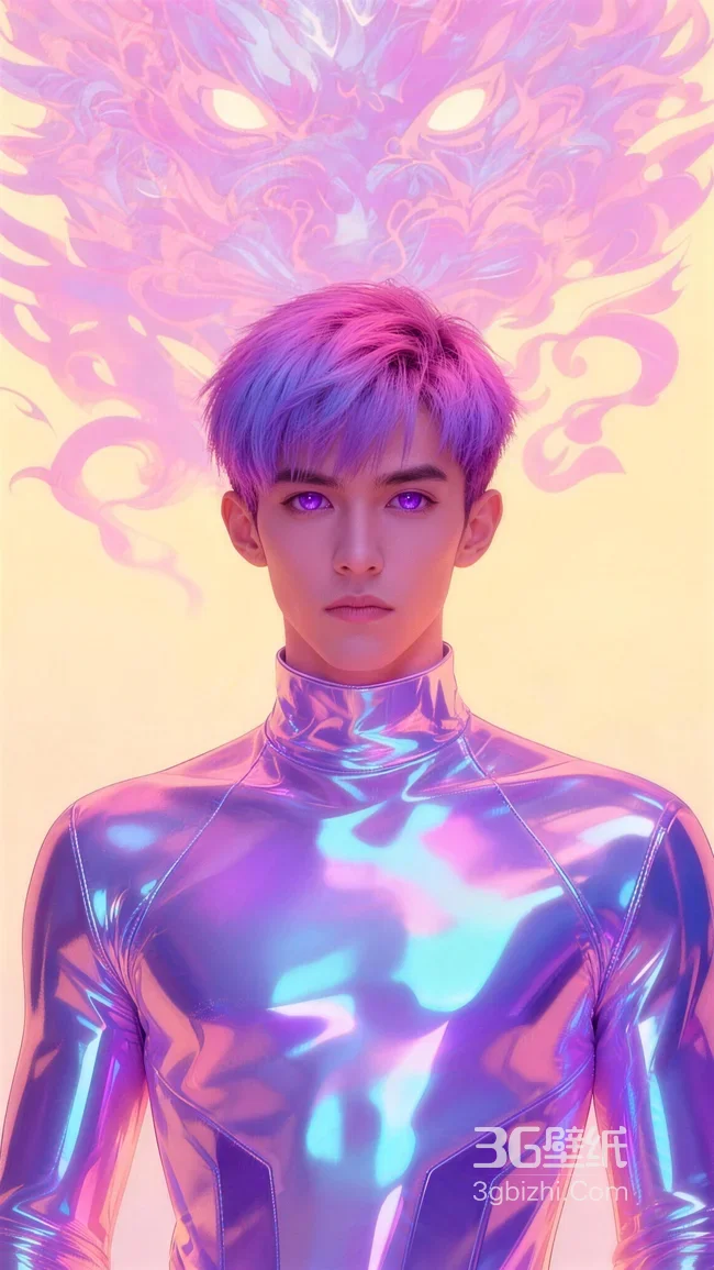 紫发紫眼帅哥·镭射紧身衣 赛博奇幻风炫彩神兽手机壁纸1