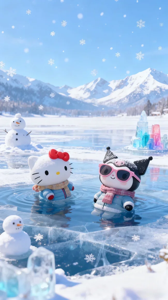 Hello Kitty·库洛米 冬日冰湖嬉戏 三丽鸥童趣雪景壁纸1