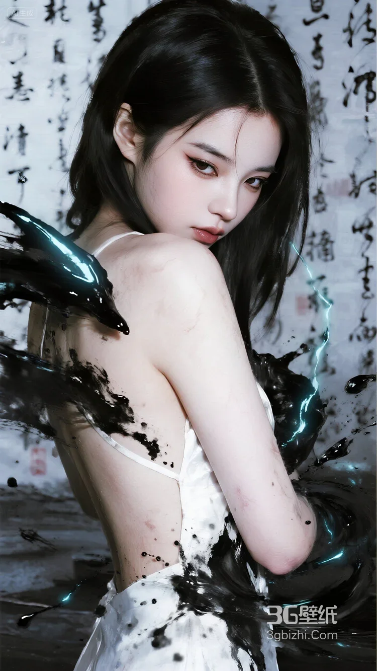 国风暗黑少女·墨汁特效露背裙 古风书法背景写真1