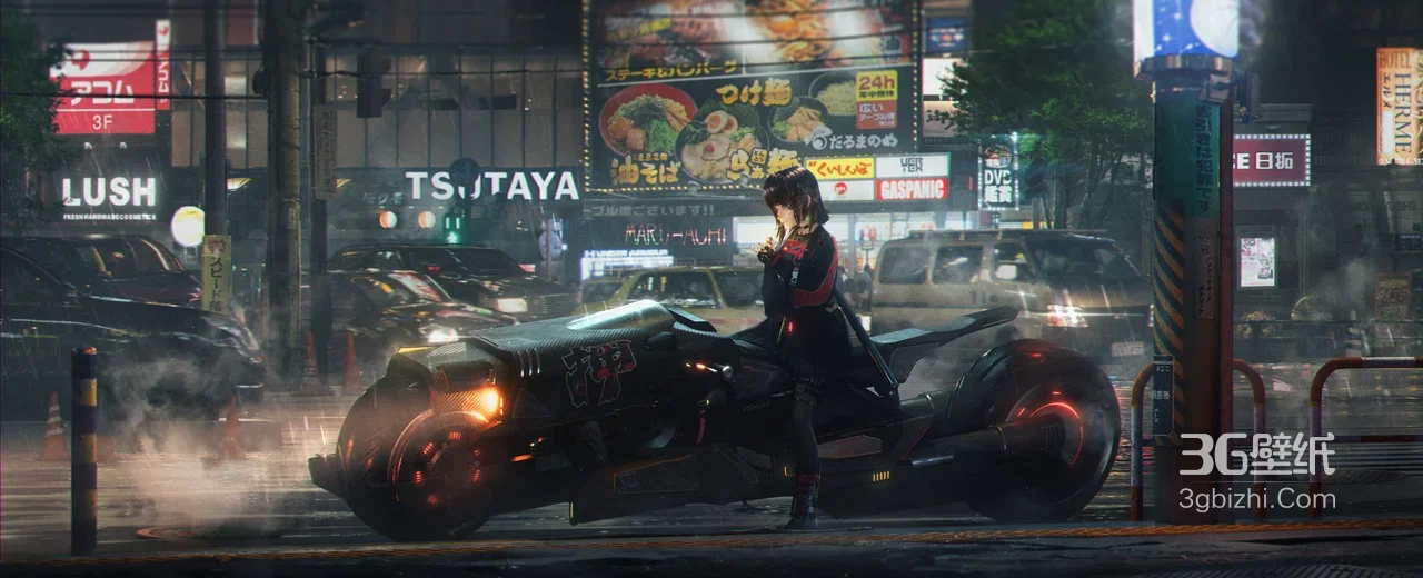 赛博朋克少女·科幻摩托 雨夜都市动漫风电脑壁纸（高人气赛博朋克壁纸）1