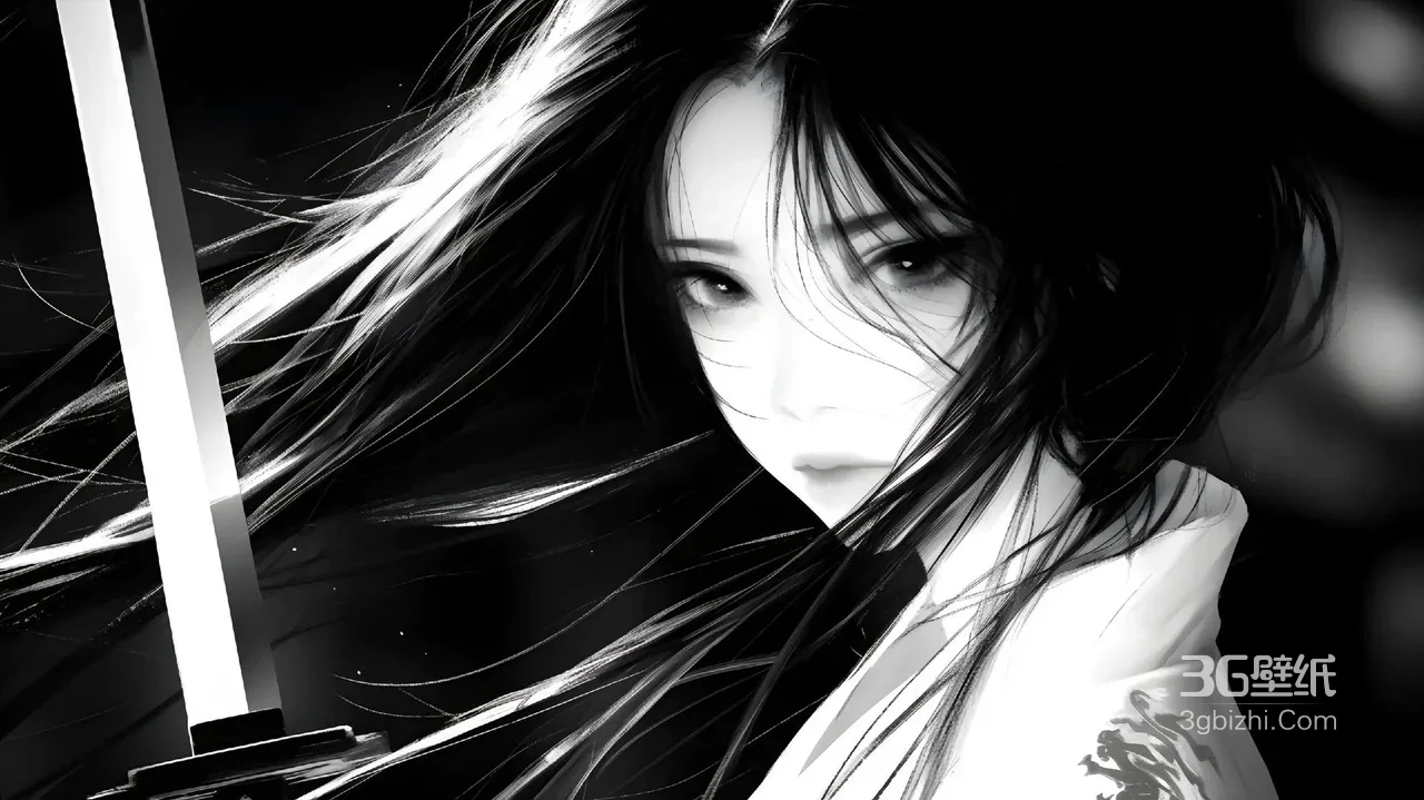 古风执剑女子·黑白国风插画 高质感电脑壁纸1