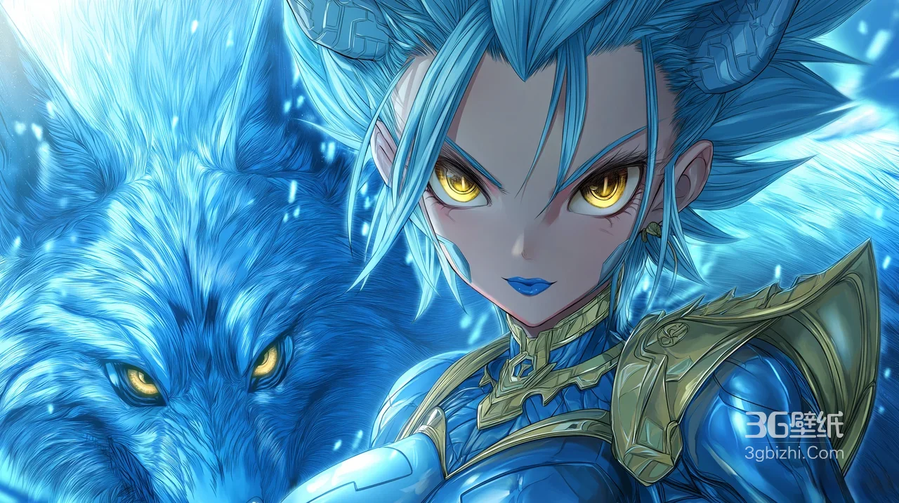 蓝发角甲女战士·冰蓝巨狼 二次元游戏风超燃电脑壁纸1