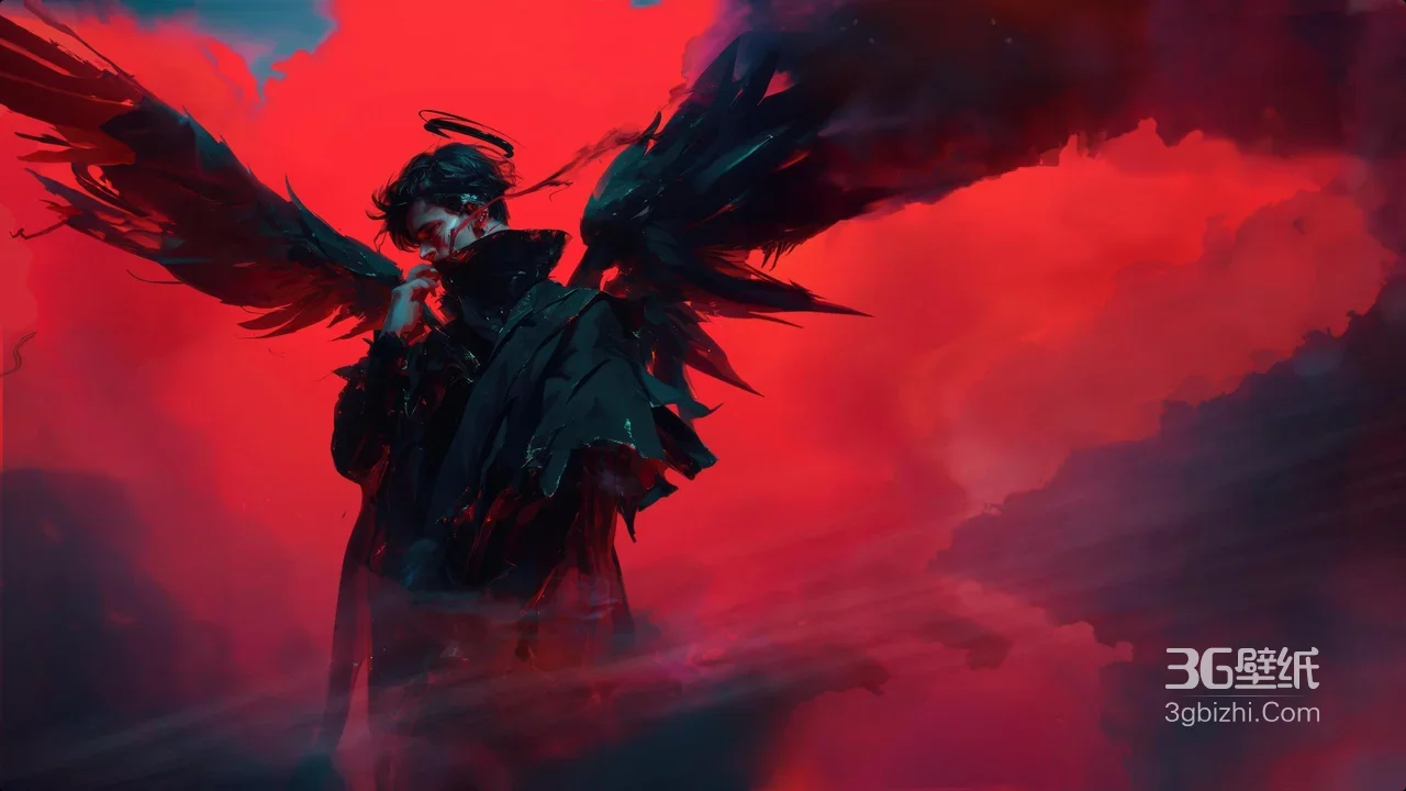 暗黑堕天使帅哥·黑翼血痕 原创插画宽屏电脑壁纸1