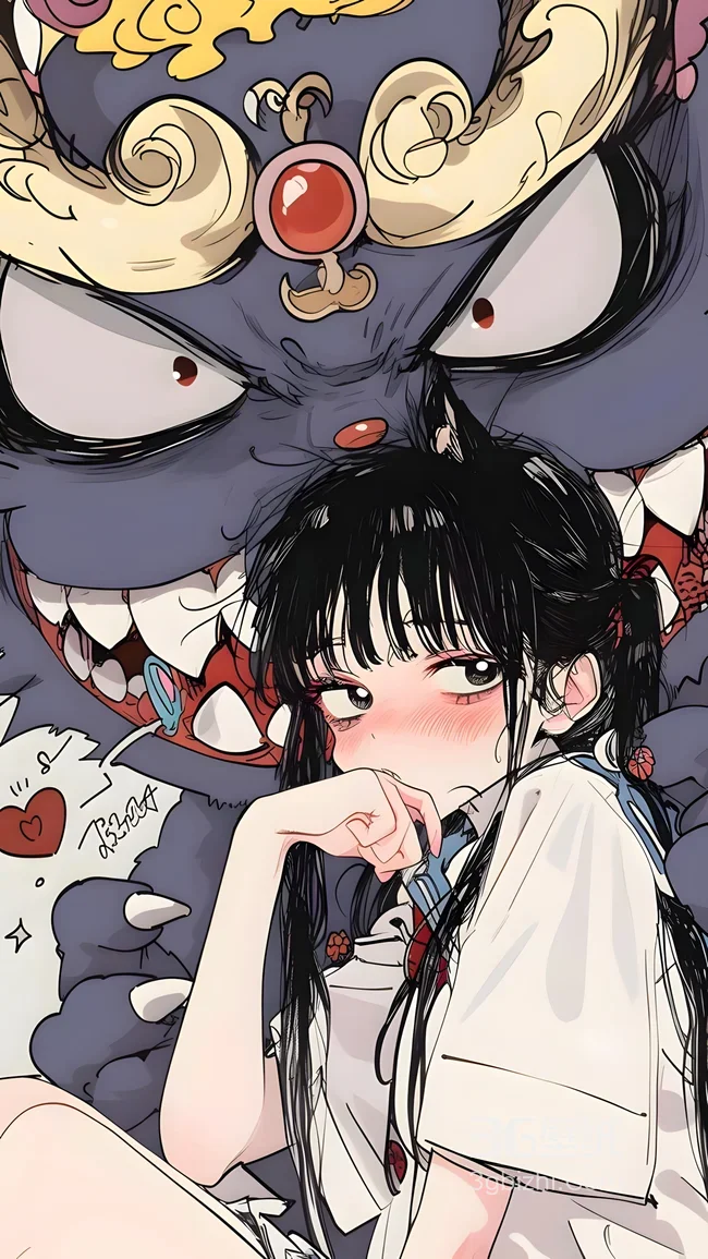 黑发害羞腮红少女 国漫二次元神兽 小众个性手机壁纸1