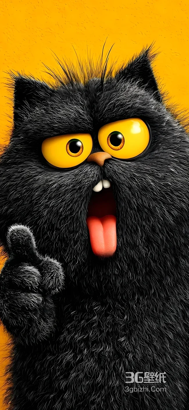 搞怪黑毛卡通猫·黄眼吐舌 萌趣人气手机壁纸1