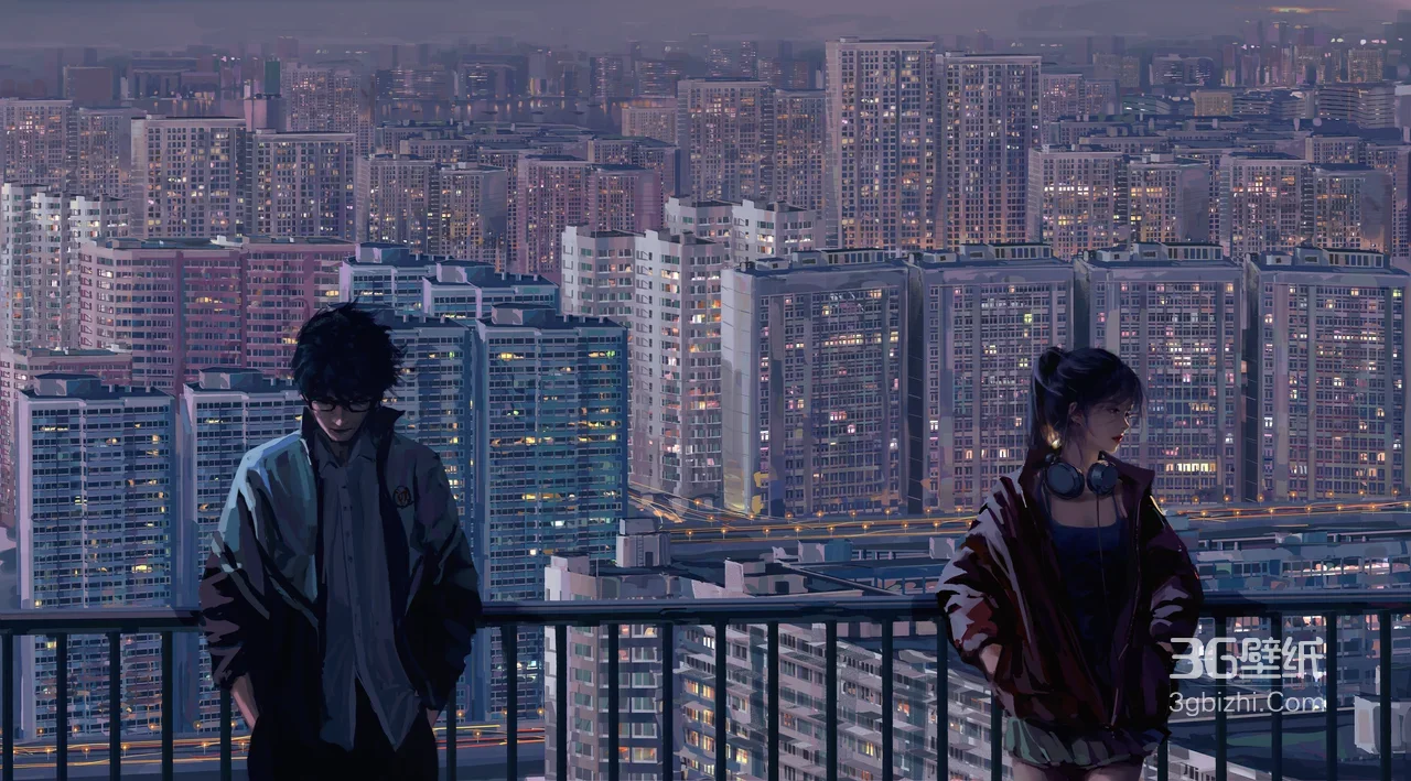 都市天台二次元男女（眼镜/耳机）·国漫夜景壁纸（都市夜景动漫壁纸）1