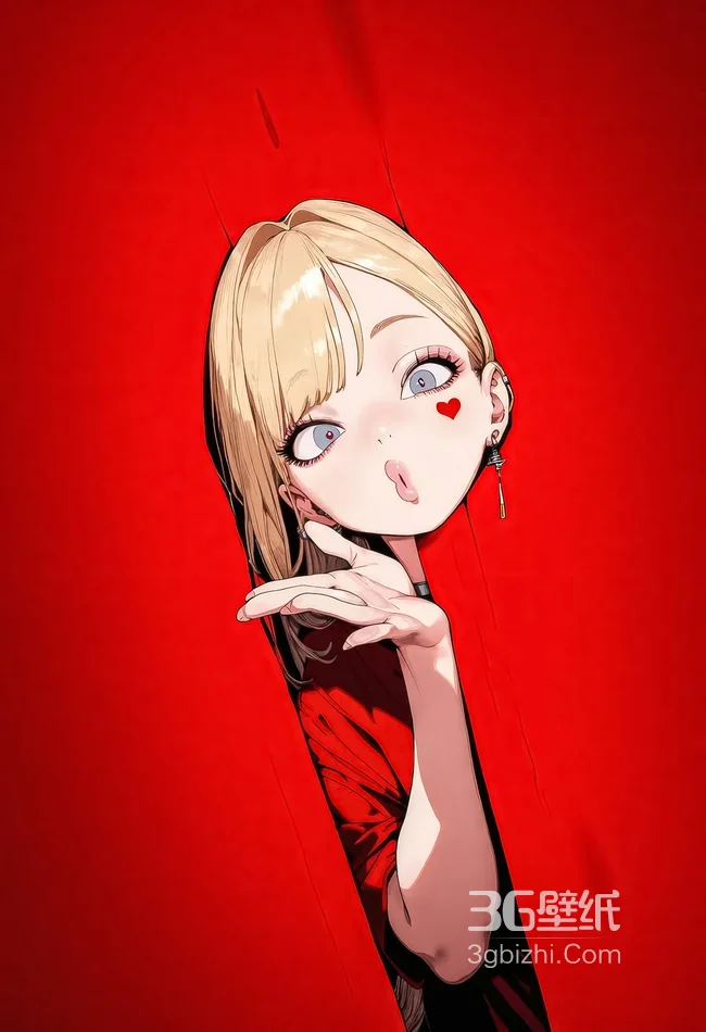 二次元日漫风金发少女·爱心贴脸俏皮吐舌 手机壁纸1
