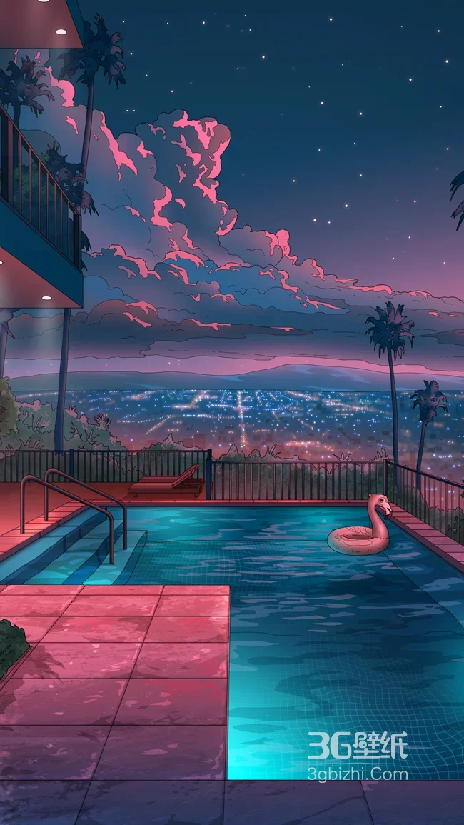 赛博朋克风都市泳池夜景插画 霓虹城市手机壁纸1
