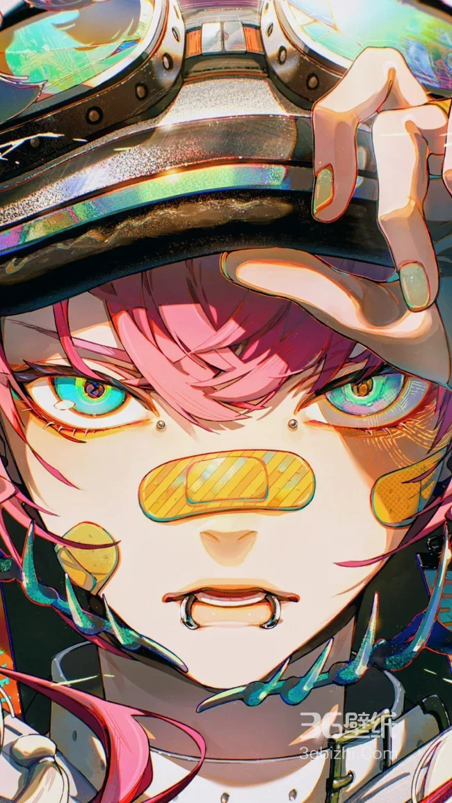 赛博朋克风粉发护目镜创可贴个性人物（手机壁纸）1