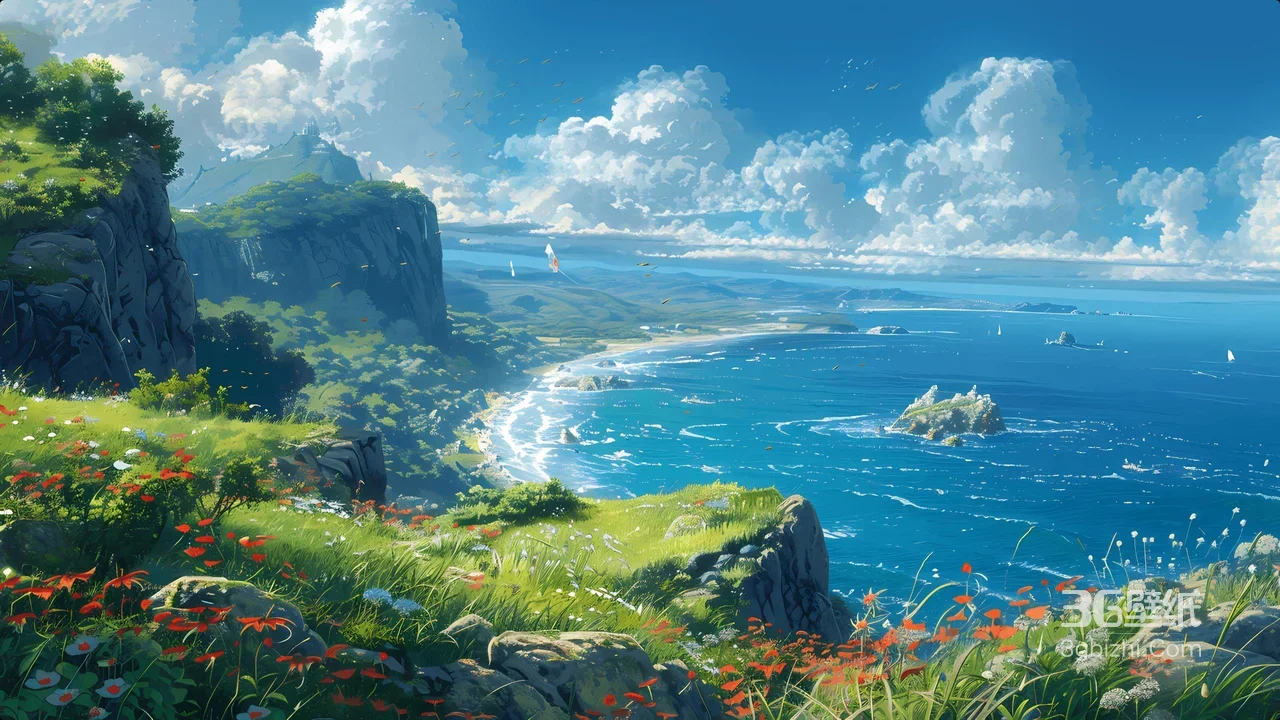 海岸悬崖花海·唯美动漫风 治愈海景电脑壁纸1