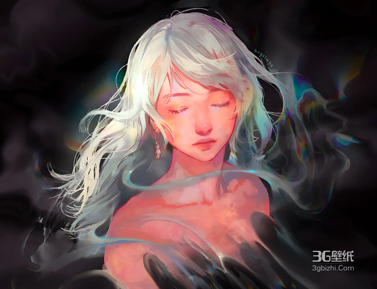 白发少女·炫彩烟雾环绕 唯美梦幻风原创插画电脑壁纸精选1