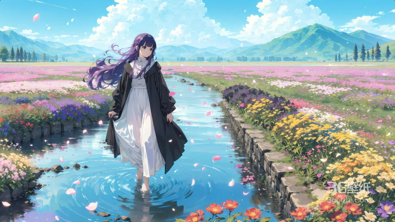 紫发少女·花田溪流漫步 唯美二次元春日治愈系电脑壁纸1