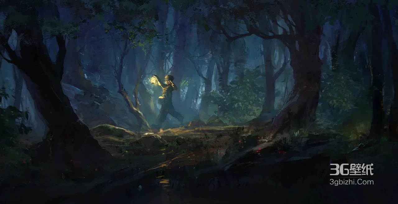 国漫《灵笼2》概念图 持灯少年·森林夜路 写实奇幻风 宽屏车机壁纸1
