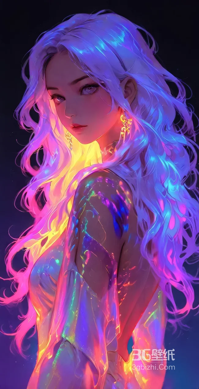 霓虹炫彩长发少女·梦幻唯美风 超火竖屏壁纸1