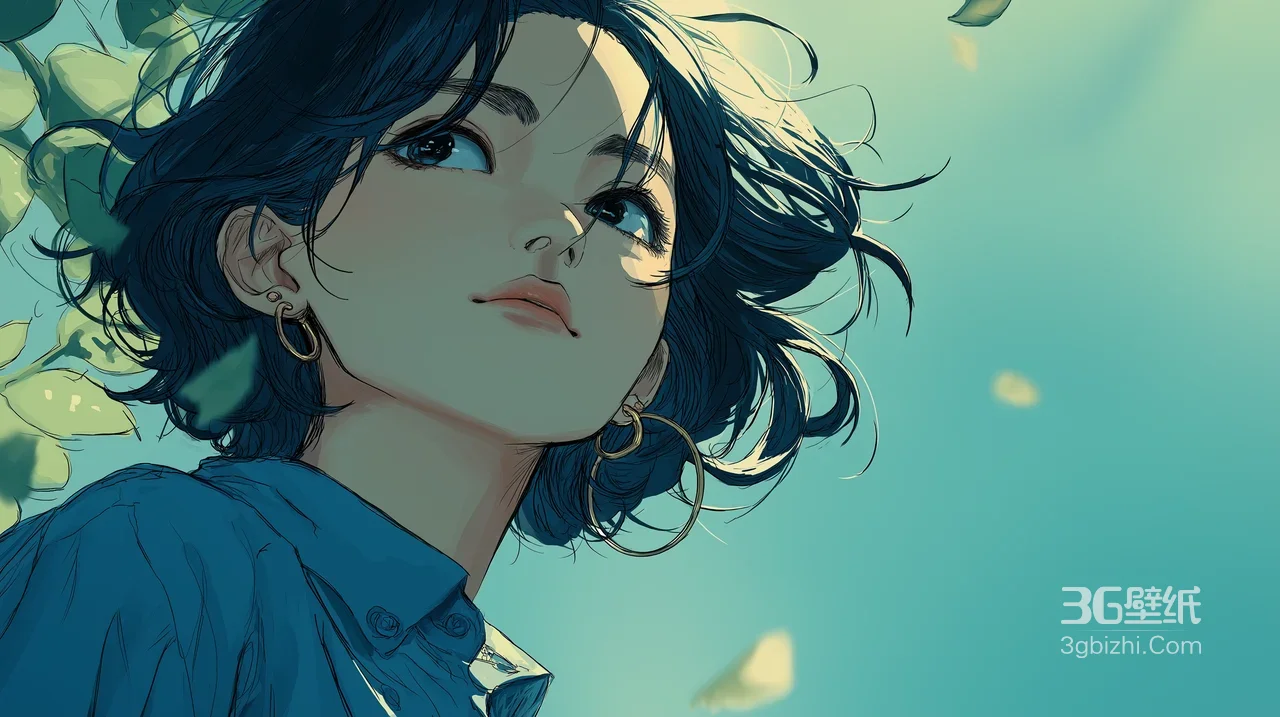 短发蓝衫少女·唯美插画风 原创治愈宽屏电脑壁纸1