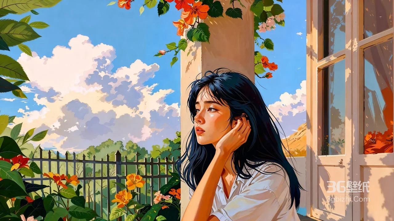 黑发少女·侧颜沉思 唯美插画庭院 宽屏电脑壁纸1