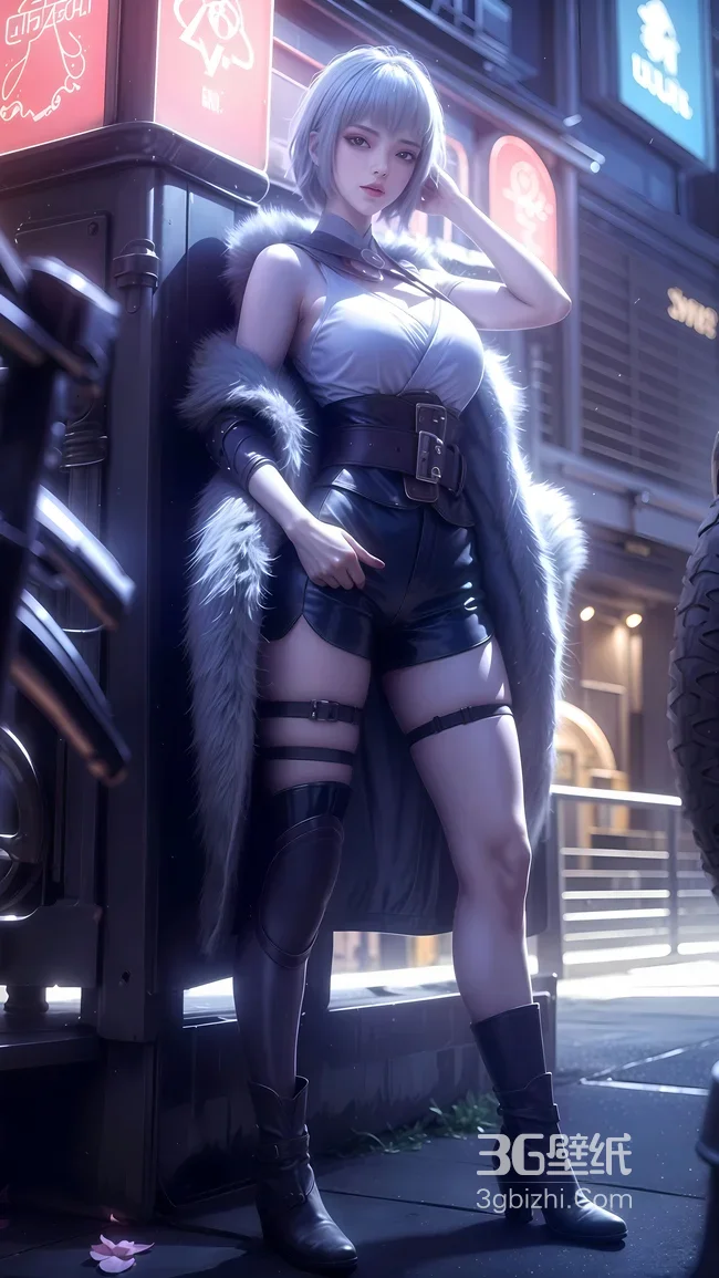 银发御姐白月魁·皮装毛绒披风 赛博朋克都市风手机壁纸（赛博朋克美女壁纸）1
