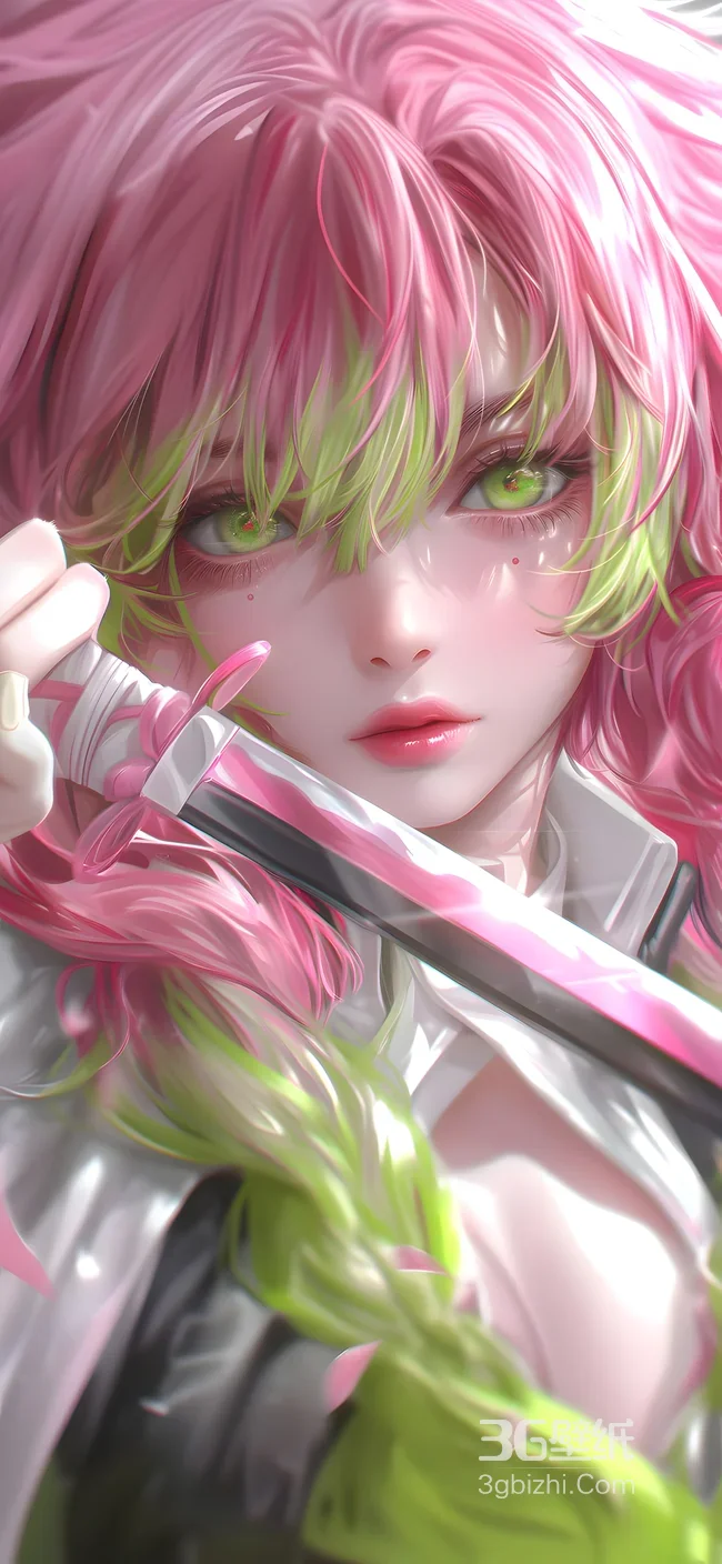 甘露寺蜜璃·粉绿发丝日轮刀 唯美写实鬼灭之刃精美壁纸1