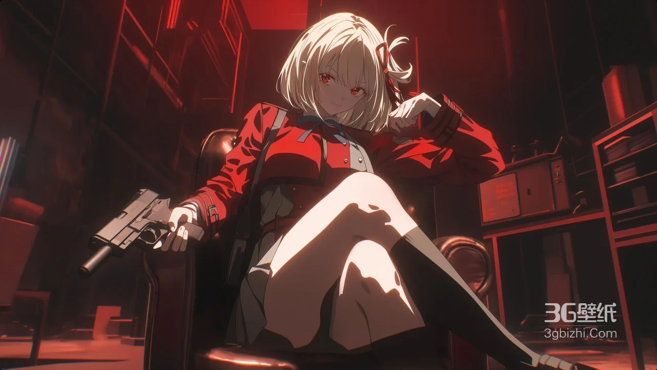 动漫少女·金发红瞳红衣持枪 暗黑红调宽屏电脑壁纸1