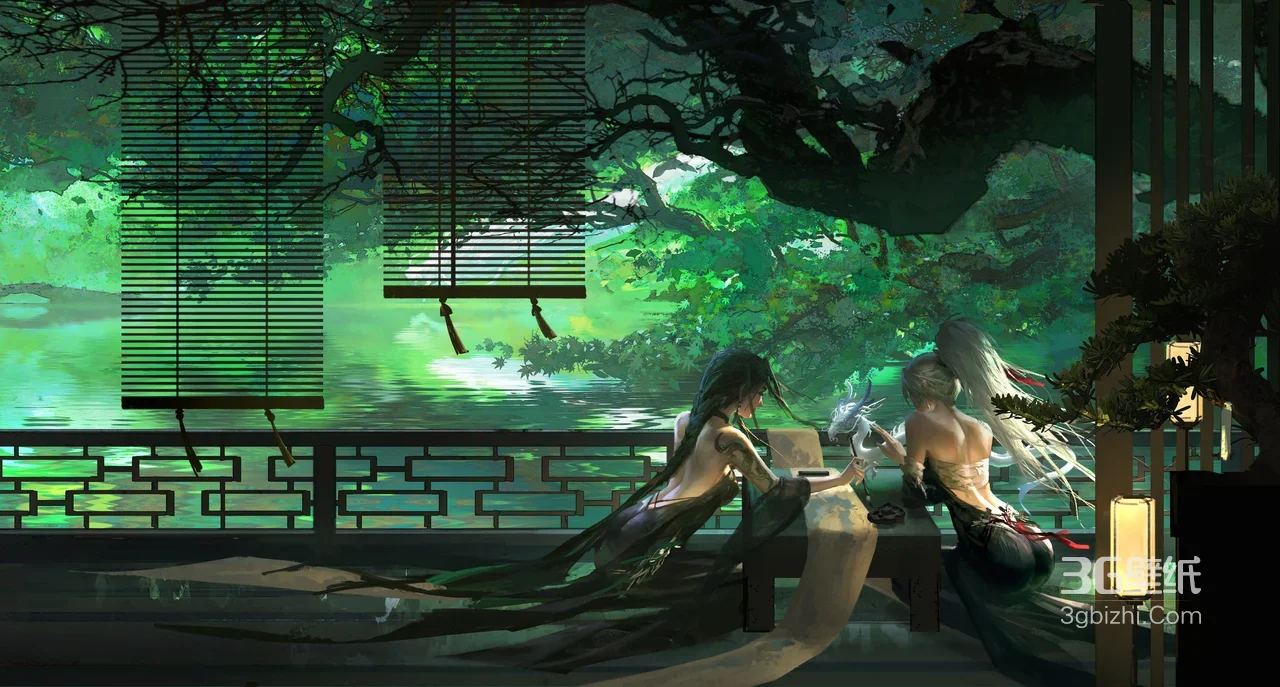 古风双女·池塘雅集 唯美国风游戏场景 高人气古风电脑壁纸1