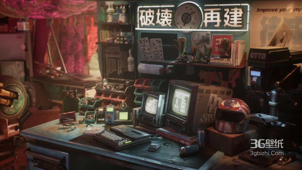 复古赛博朋克维修工作台场景·游戏风 赛博朋克桌面背景1