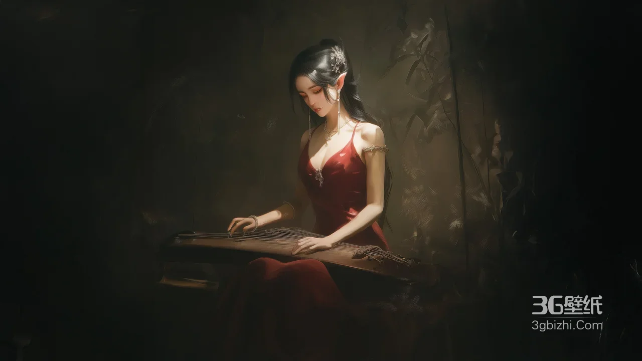 古风精灵耳女子·红裙抚琴 暗黑国风唯美原创 高质感电脑壁纸1