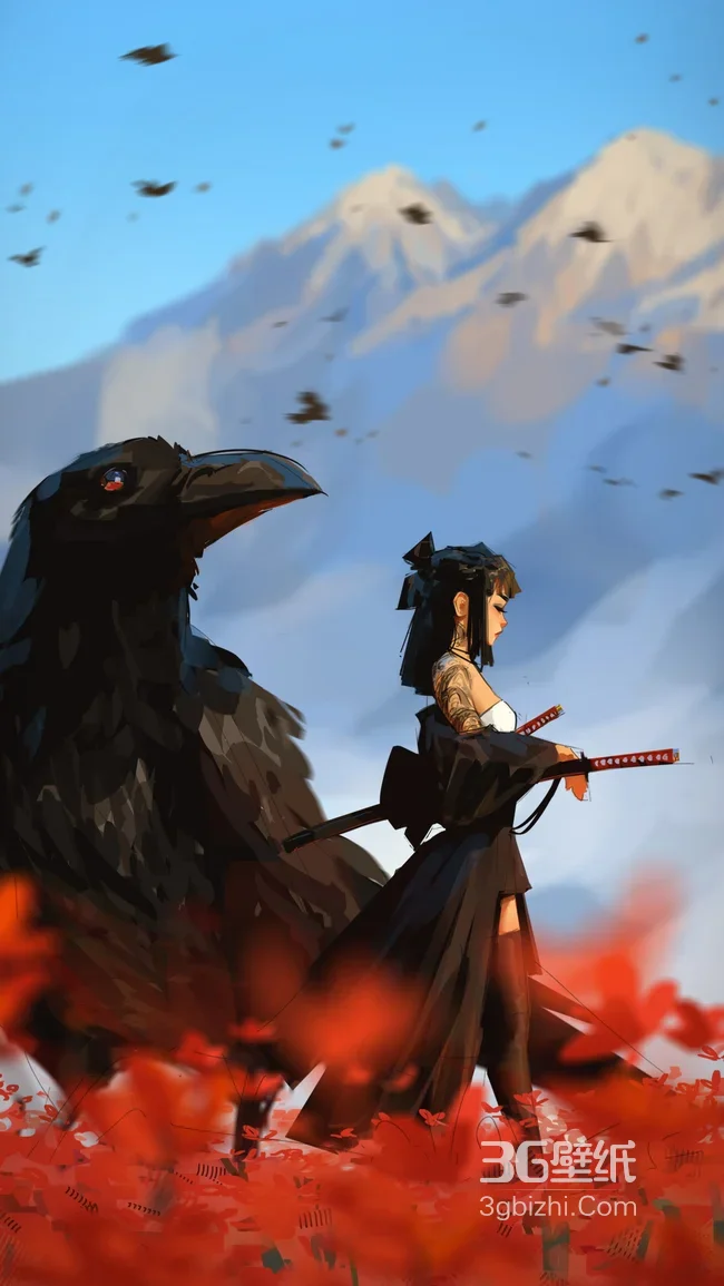 暗黑和风女武士（纹身·双刀）×巨型乌鸦 红花草雪山意境手机壁纸1