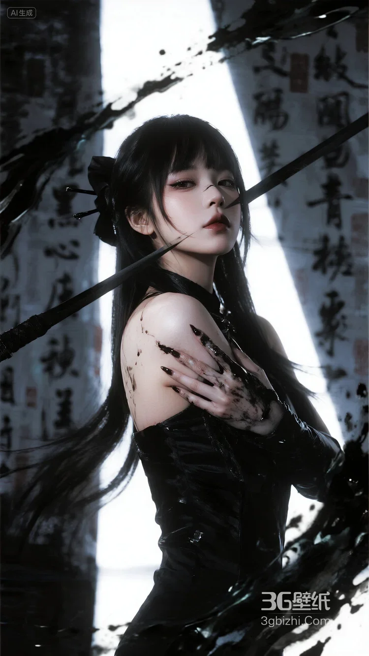 暗黑国风少女·墨刃染墨 AI生成 暗黑古风酷飒女生图片1