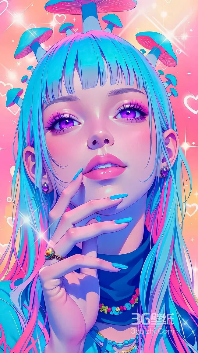 蓝发粉染蘑菇少女·二次元炫彩插画 超人气竖屏壁纸1