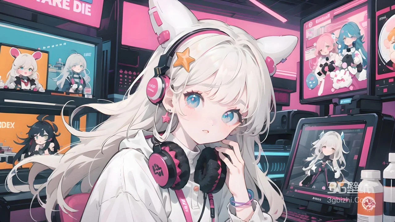 白发兽耳二次元少女·赛博朋克电竞风 二次元电脑壁纸1