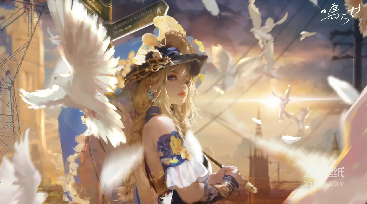 花帽金发少女·白鸽环绕 唯美二次元复古都市 高人气电脑壁纸1