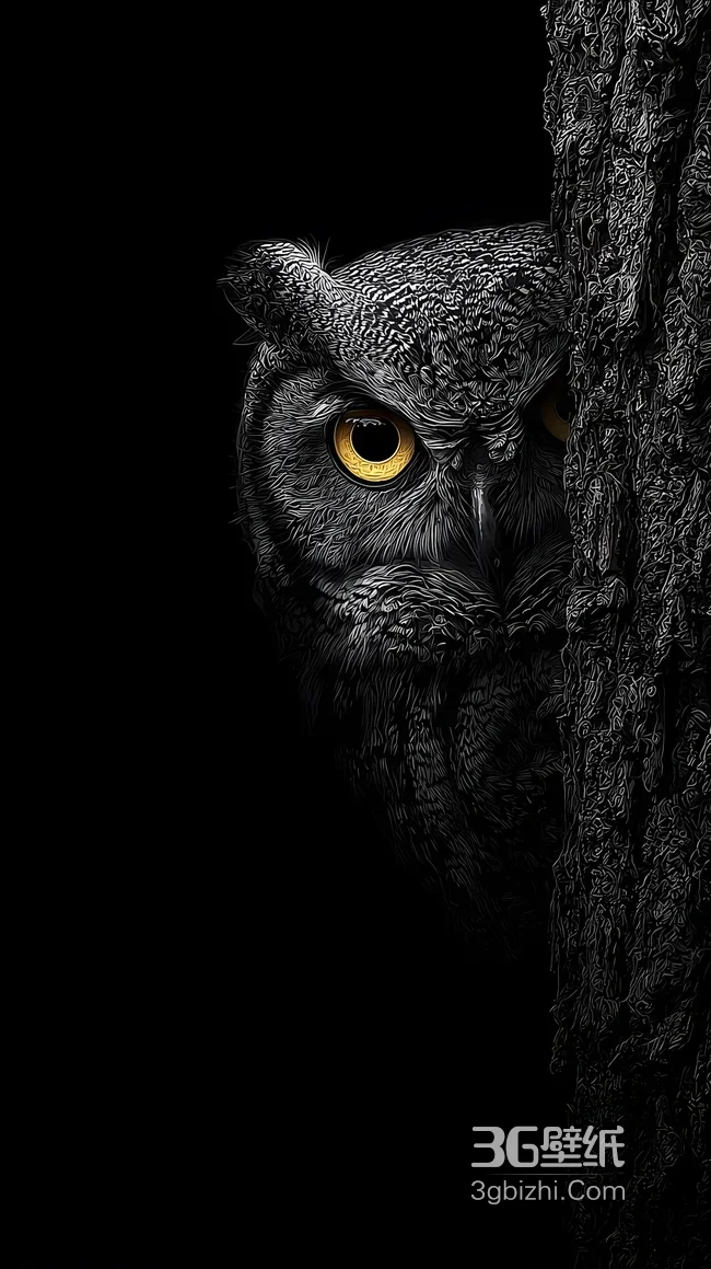 暗黑风猫头鹰·金黄眼眸树后窥望 神秘氛围手机壁纸热款1