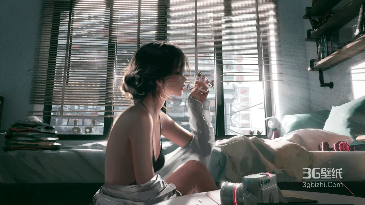 居家性感女孩·衬衫半穿喝饮品·写实唯美插画高清电脑壁纸1