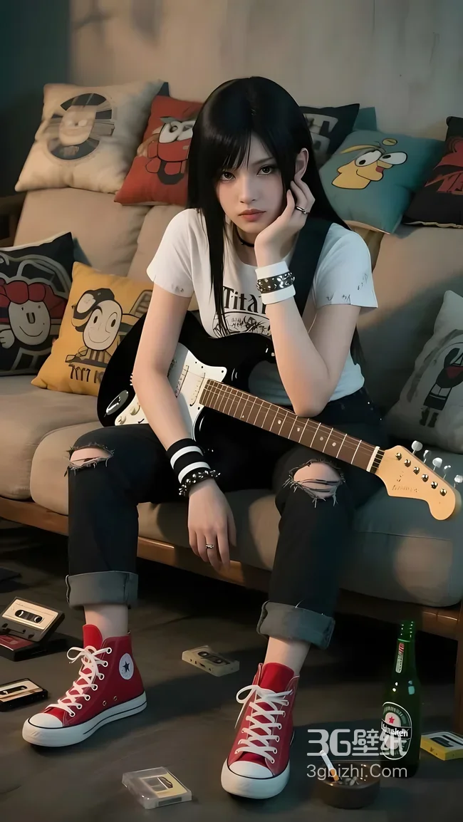酷飒摇滚少女·二次元写实·电吉他卡通抱枕 高人气手机壁纸1