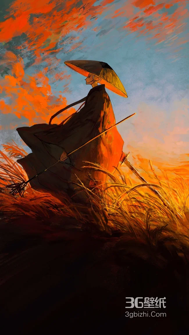 古风侠客·斗笠杖剑行草野 国风写意夕阳武侠手机壁纸1