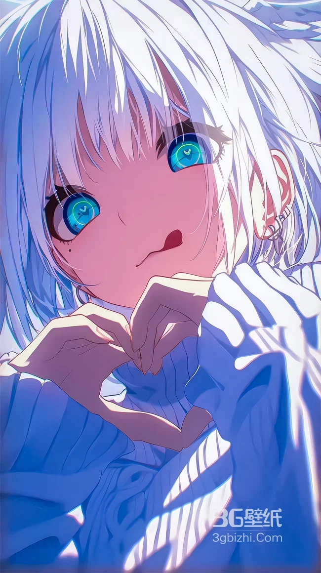 白发蓝眼动漫少女·心形手势 二次元唯美治愈心动手机壁纸1