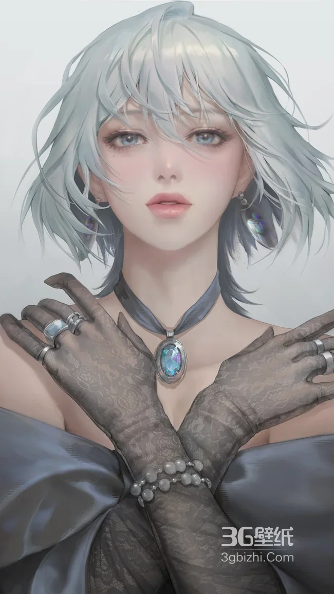 银发美少女·蕾丝手套蓝宝项链·唯美写实原创插画超高清手机壁纸1
