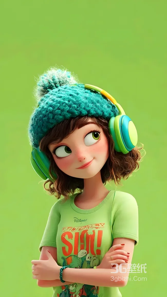清新风卡通女孩·戴耳机毛线帽 手机壁纸1