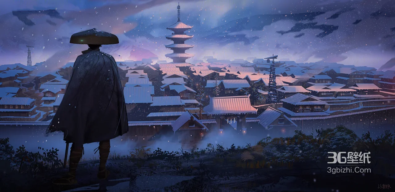 斗笠侠客·古风日式雪景古城镇 宽屏车机壁纸1