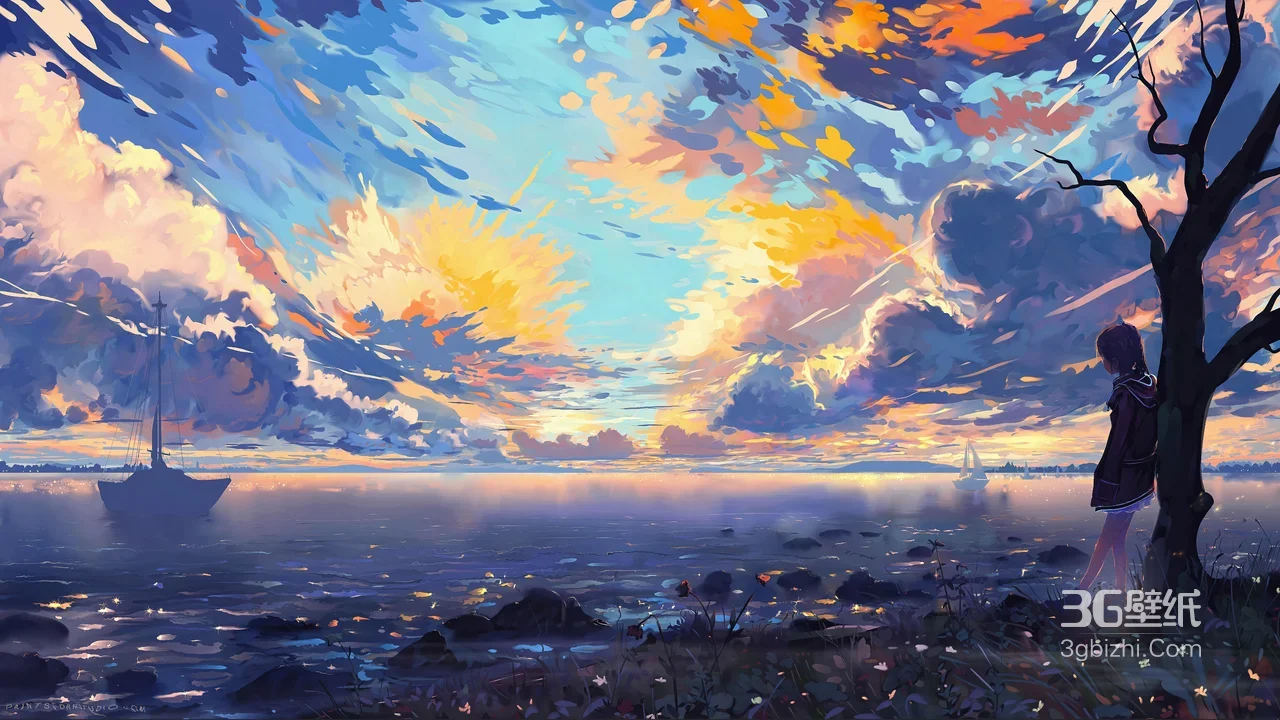 黄昏海岸孤树少女·唯美插画风·静谧海景电脑壁纸1