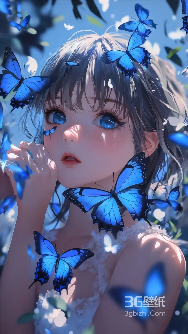 二次元少女·蓝蝶环绕 唯美清新壁纸推荐1