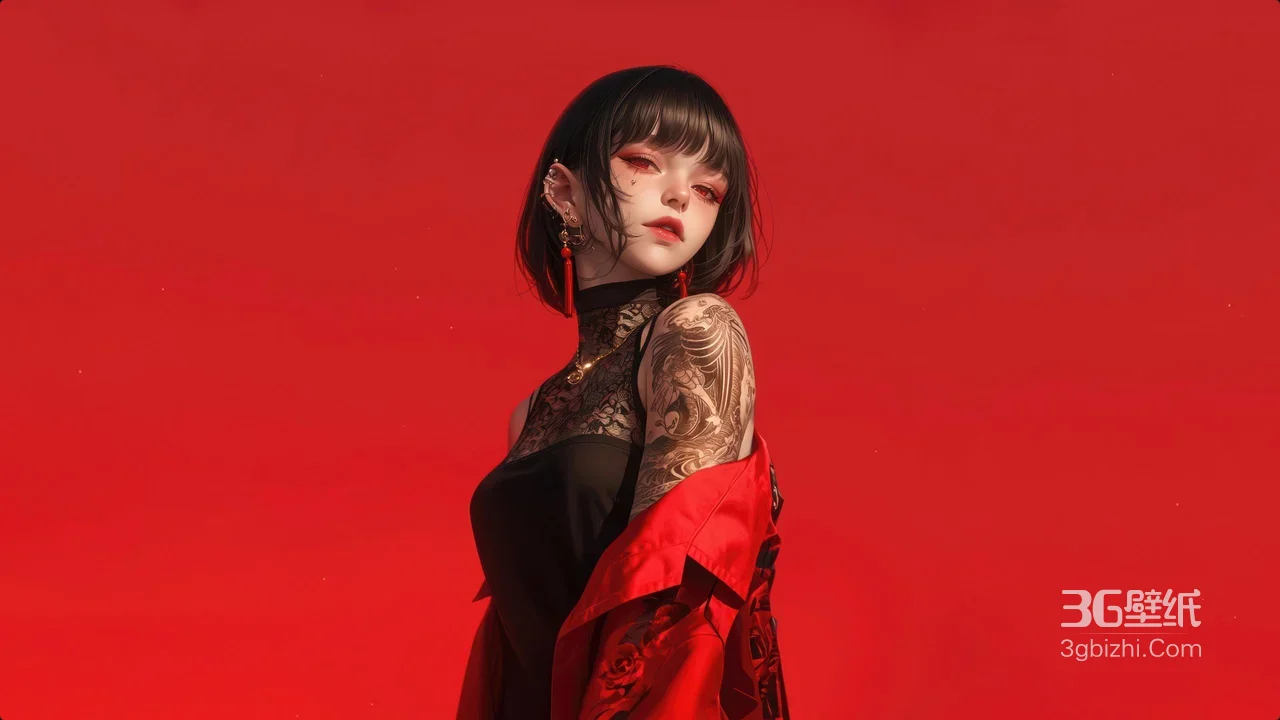 国风暗黑纹身少女·红黑撞色高质感电脑壁纸1