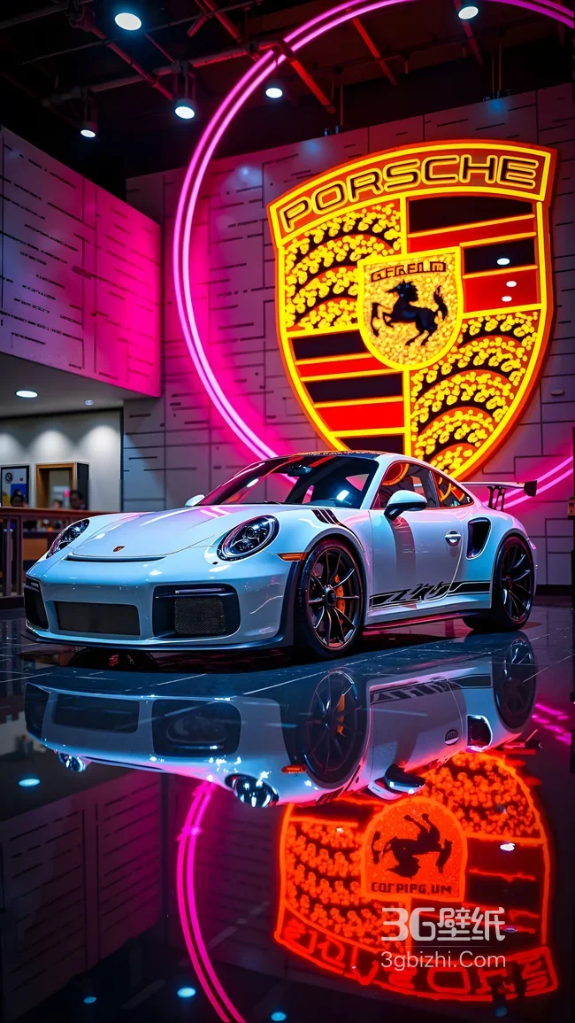 白色保时捷跑车·赛博朋克风 霓虹展厅超炫手机壁纸1