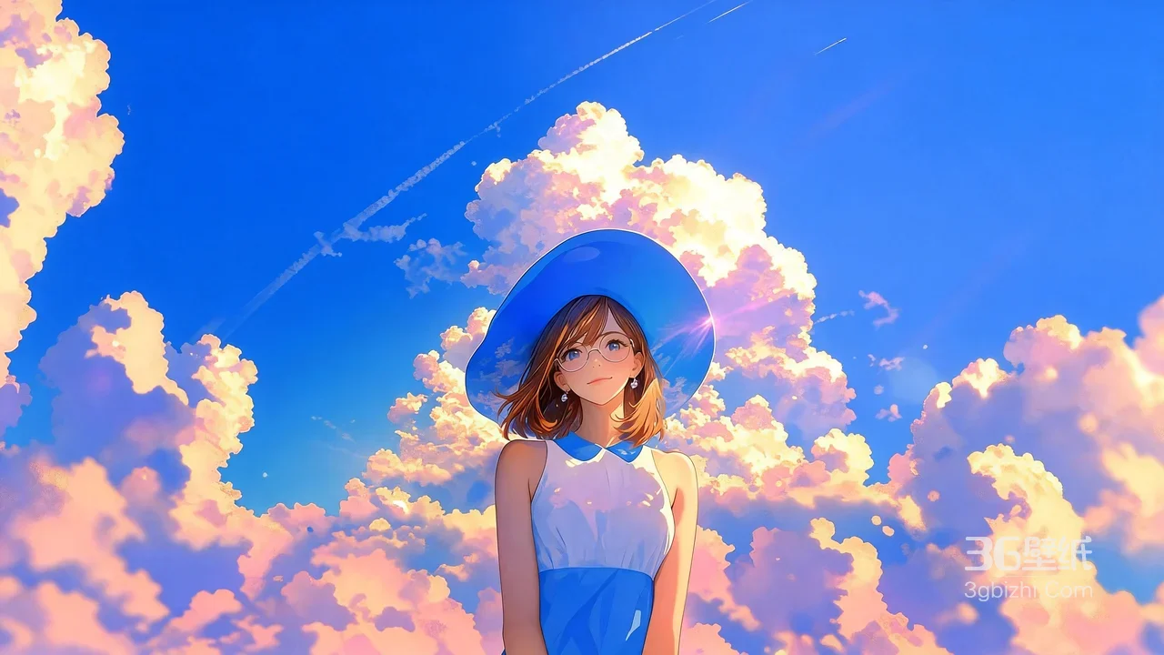 蓝帽眼镜少女·唯美动漫插画 梦幻云海宽屏电脑壁纸1